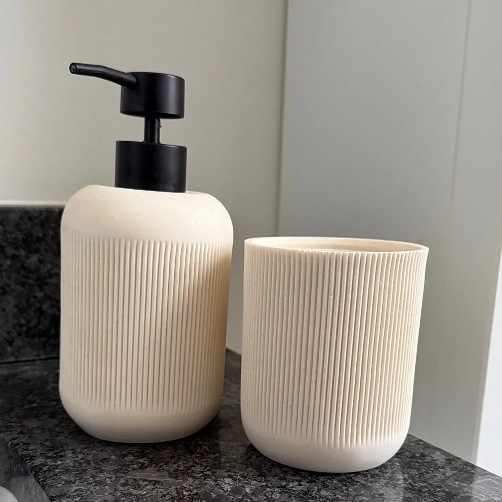 Neutral Cream Ceramic Bathroom Soap Dispenser and Toothbrush Holder Set